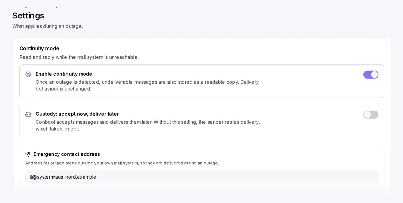 Email continuity in the Conbool portal