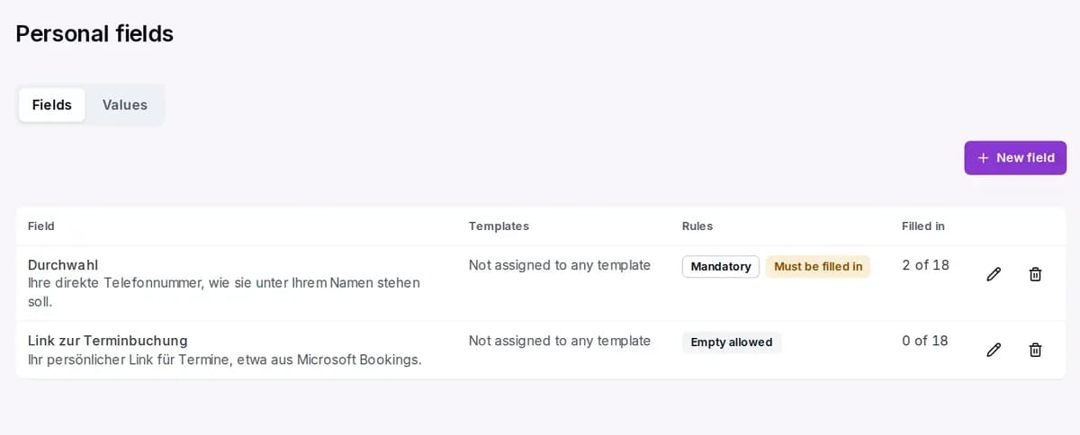 Personal fields in the Conbool portal with completion status