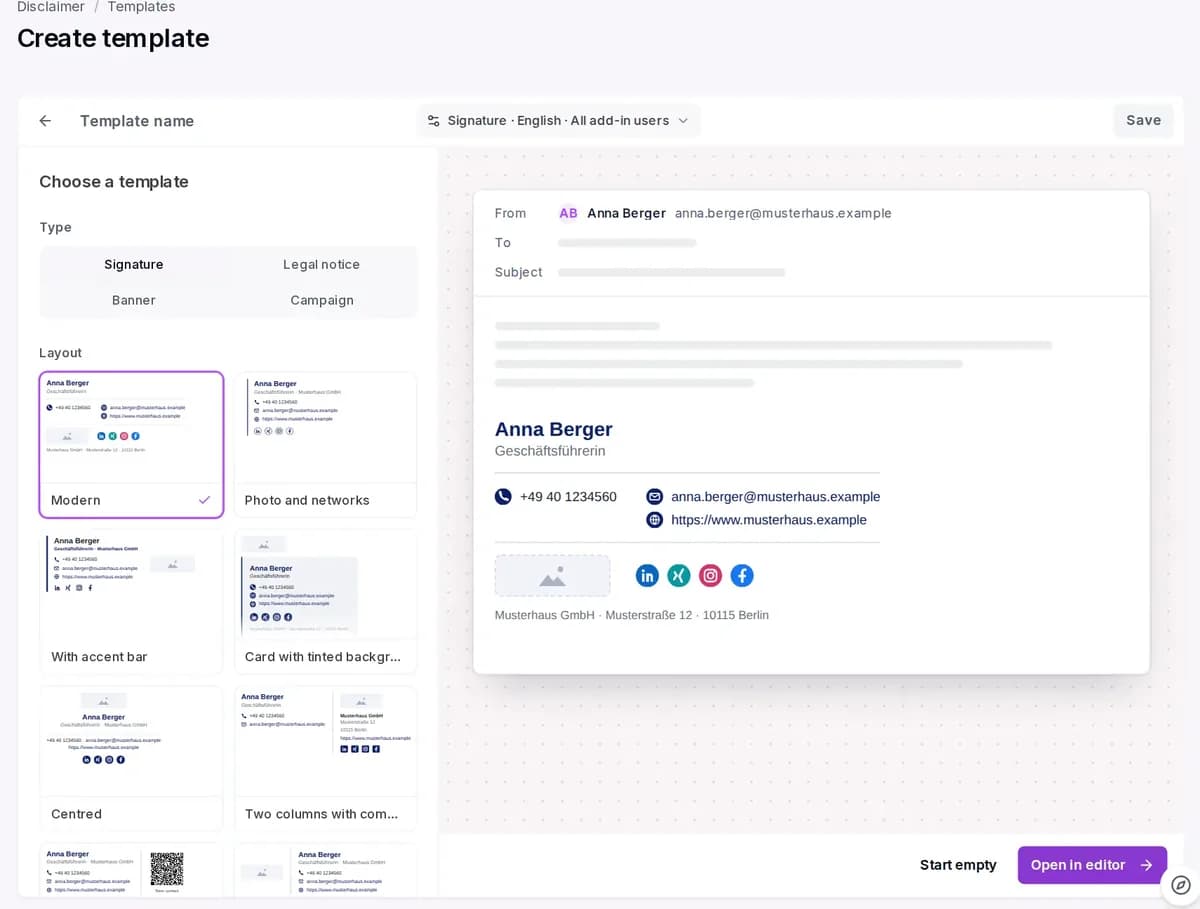 Template selection in the Conbool portal with a signature preview