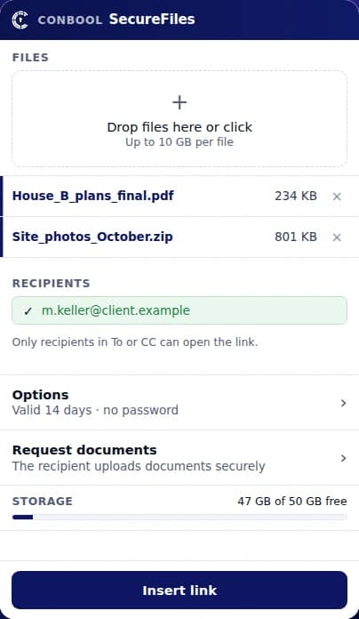 SecureFiles add-in in Outlook with two files, one recipient and the options
