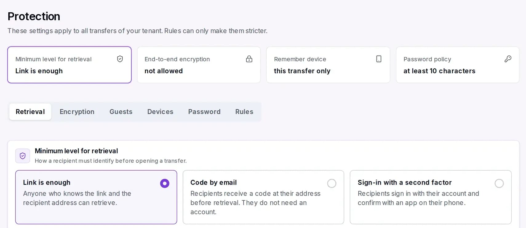 Protection page in the Conbool portal with the minimum level for downloads