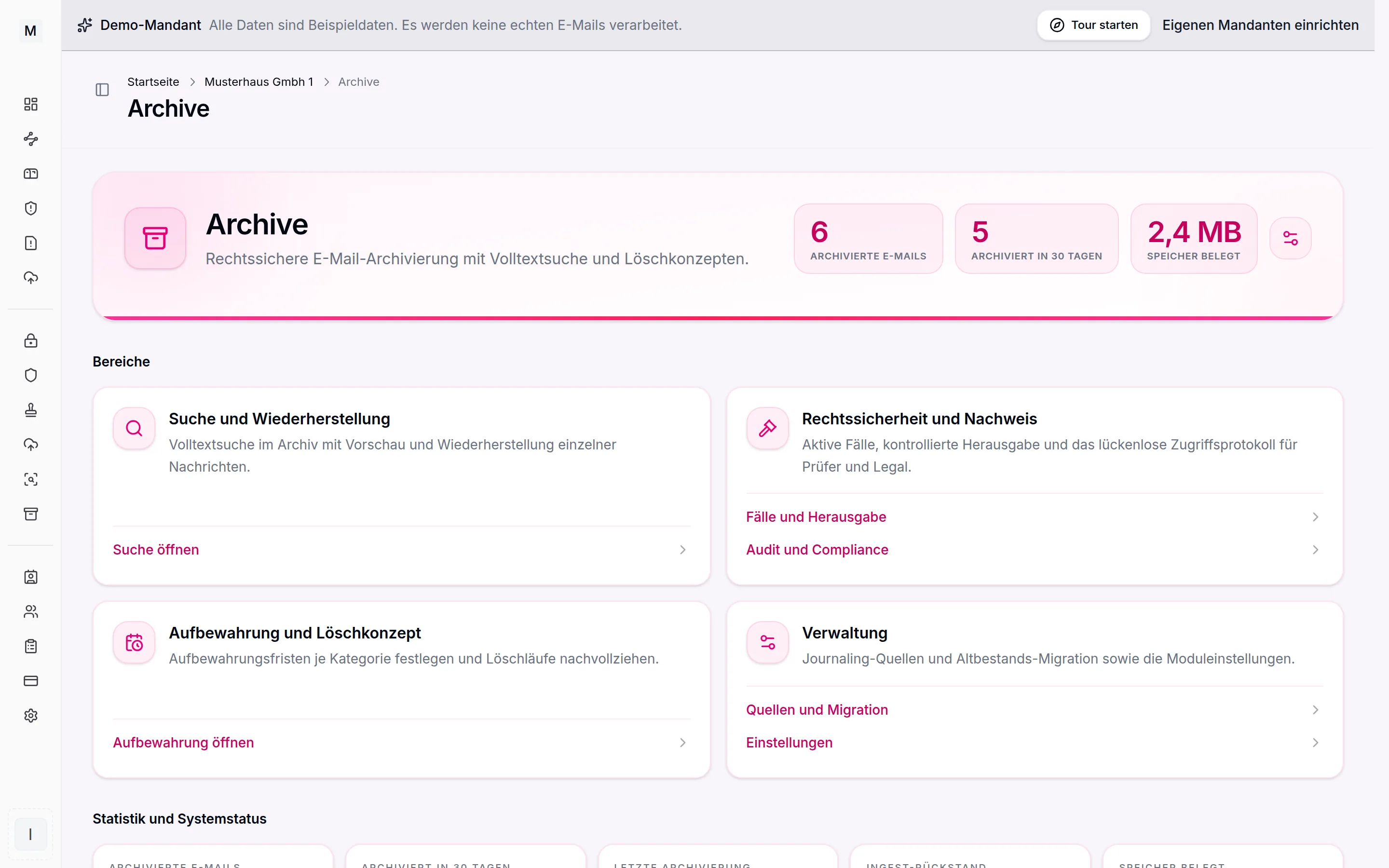Archiv Übersicht mit archivierten E-Mails und Speicherbelegung