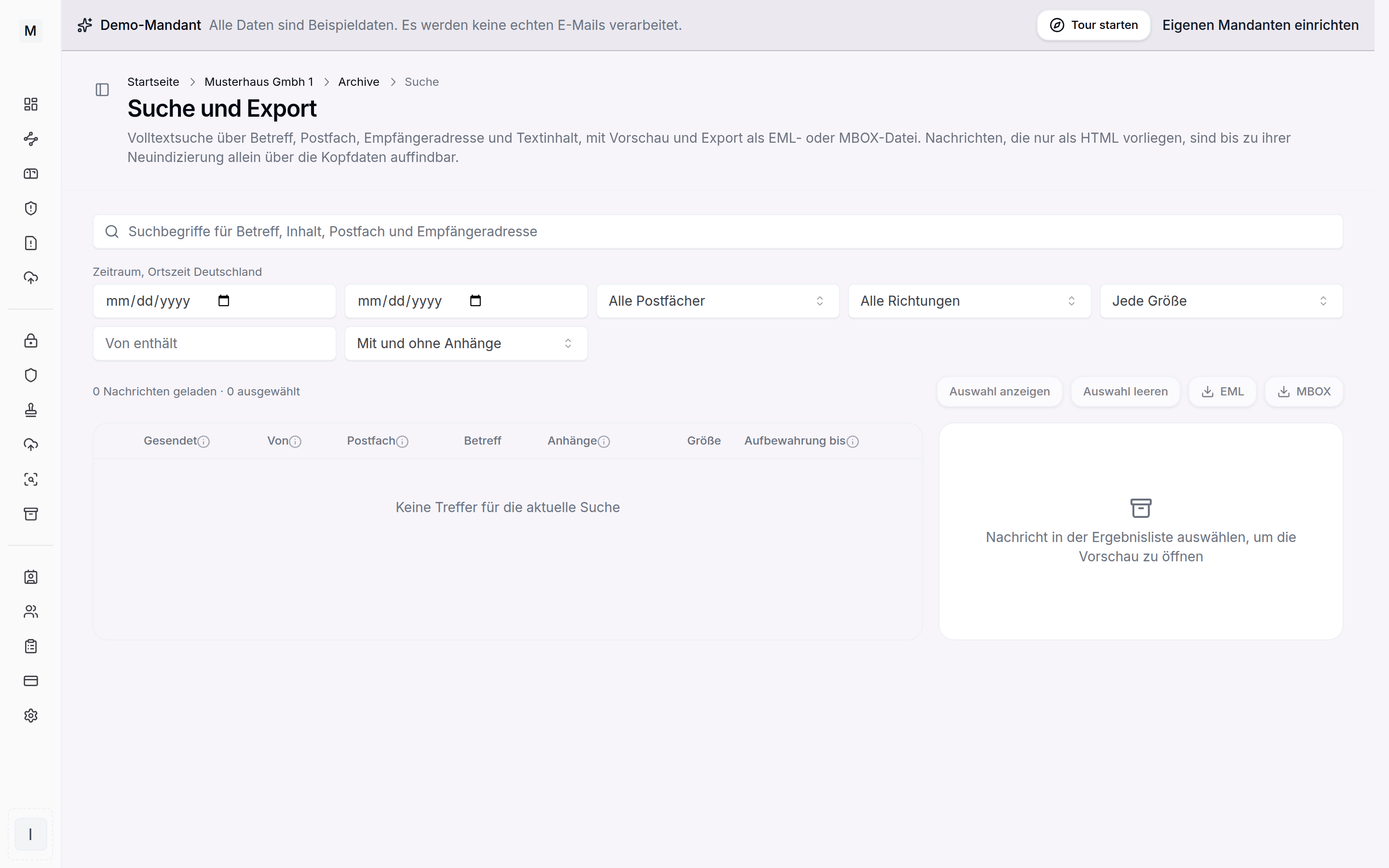 Volltextsuche im E-Mail-Archiv mit Filtern und Trefferliste