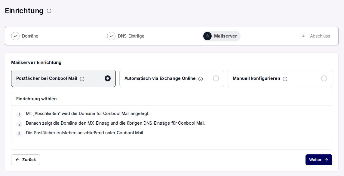 Schritt Mailserver mit der Wahl Postfächer bei Conbool Mail