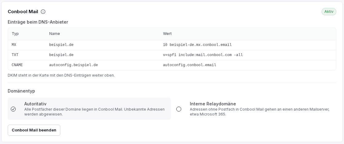Bereich Conbool Mail auf der Seite der Domäne mit den Einträgen beim DNS-Anbieter
