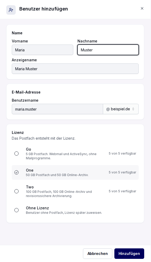 Formular Benutzer hinzufügen mit Name, E-Mail-Adresse und Lizenz
