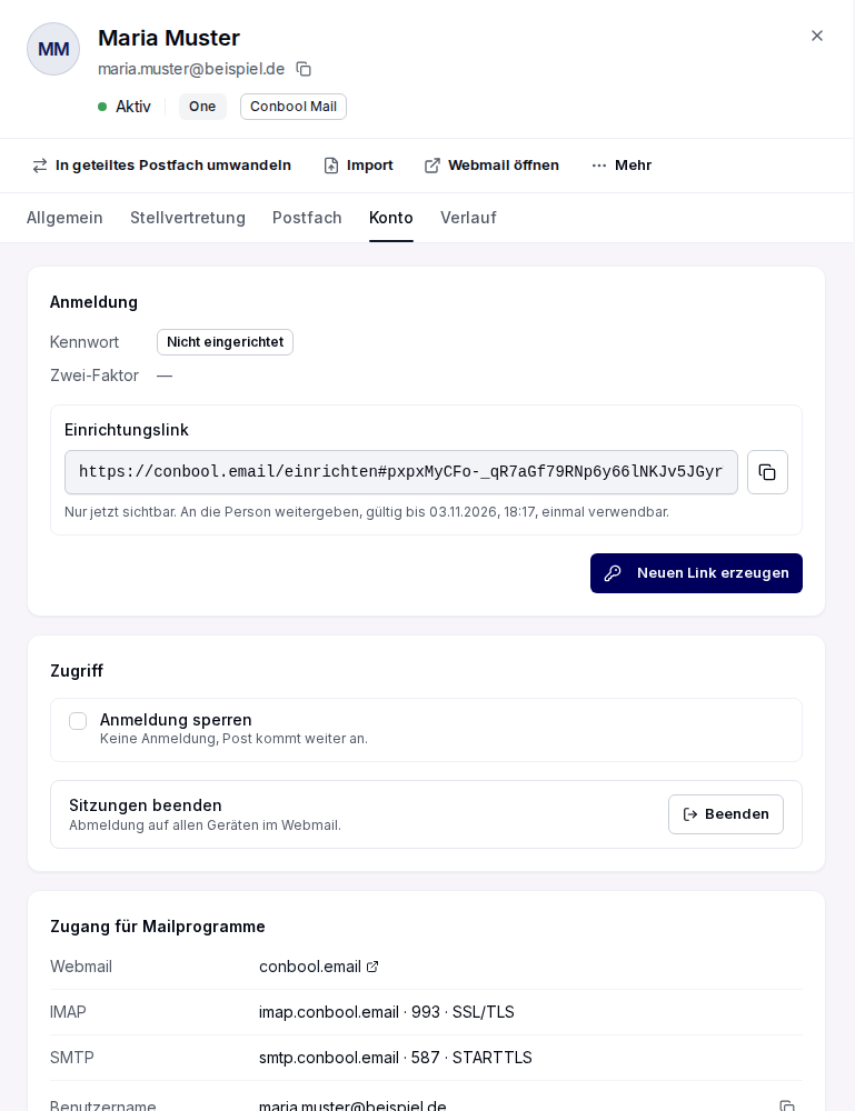 Reiter Konto eines Postfachs mit Einrichtungslink und Serverdaten