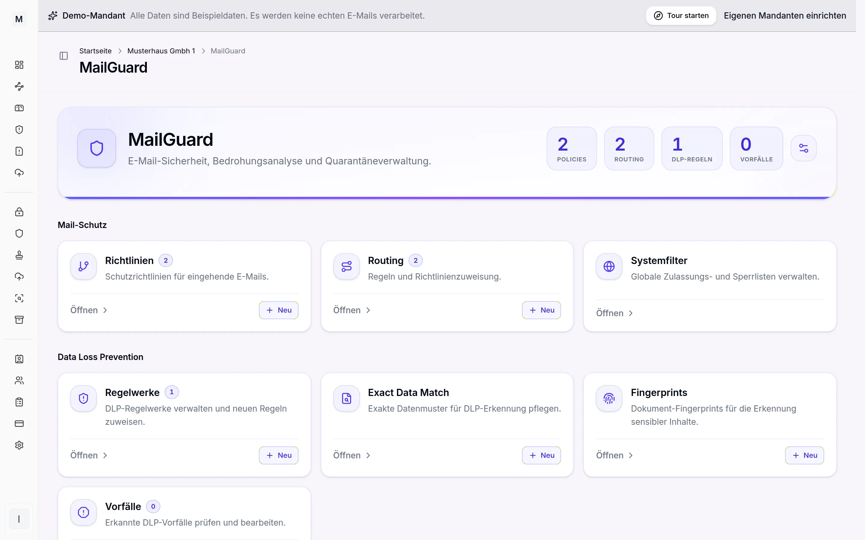 MailGuard Übersicht mit Schutzstatus, Richtlinien und Quarantäne