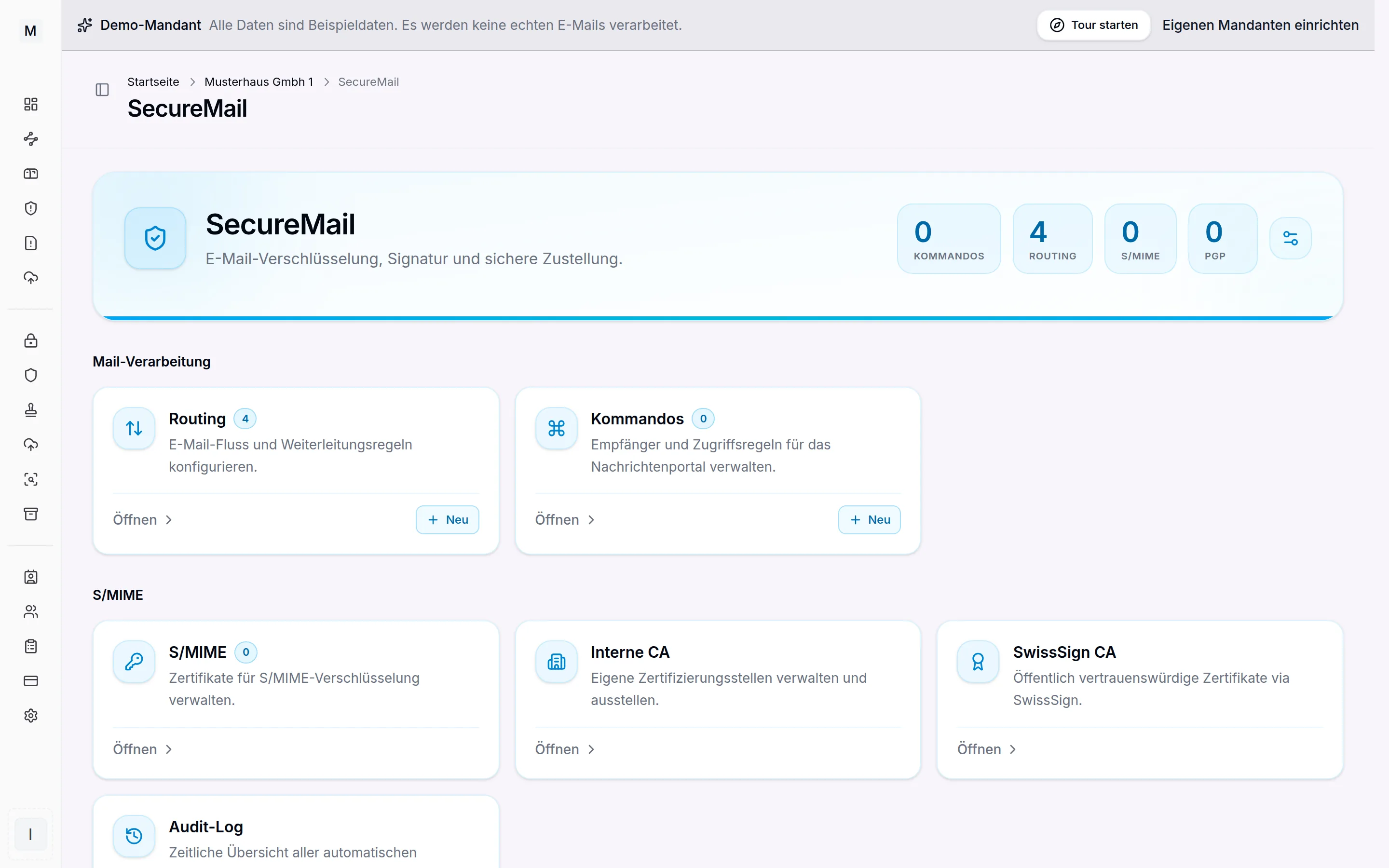 SecureMail Übersicht mit Verschlüsselungsstatus und Routing