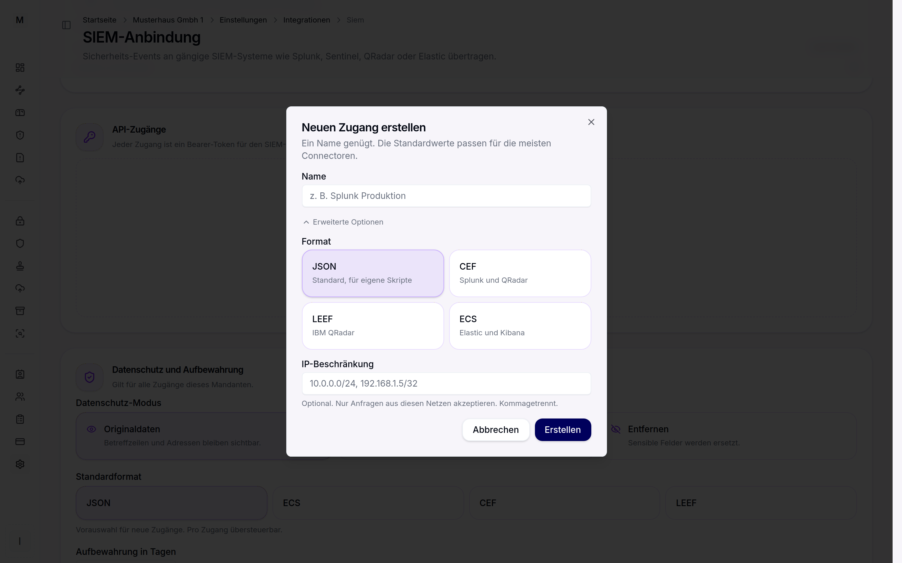 Dialog zum Anlegen eines SIEM-API-Zugangs mit Format- und IP-Optionen